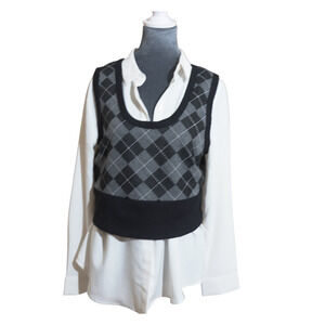 Social Collision Argyle Vest Sz XL Black & Grey Scoop Neck Preppy Y2K Academia